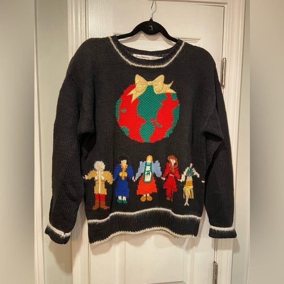 Sweaters - VTG Marisa Christina Size M/L Hand Knit Christmas Sweater World Peace Globe